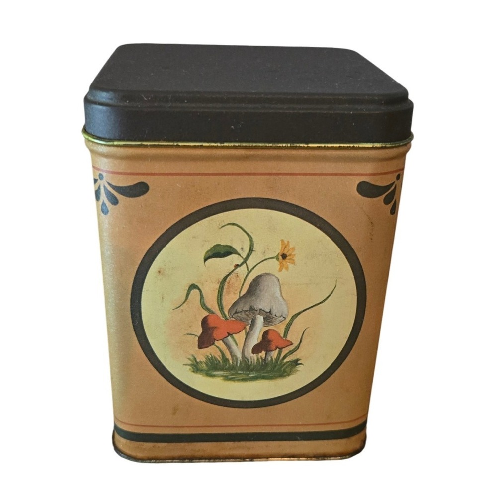 Vintage Mushroom Butterfly Metal Canister Square Yellow Cottagecore Storage Tin